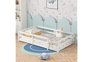 Lyngins Twin Size Floor Bed for Kids Montessori Toddler Floor Bed Frame with High Fence, Twin Floor Bedframe for Girls, Boys, No Slats Included, White