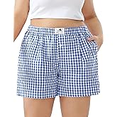 FOREYOND Plus Size Boxer Shorts for Women Gingham Lounge Sleep Plaid Shorts Y2K Beach Bottoms 1XL-5XL