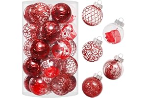 SY SUPER BANG 60MM/2.36" Clear Christmas Ornaments Set, 25PCS Shatterproof Decorative Hanging Ball Ornament with Stuffed Delicate Decorations, Xmas Tree Balls for Holiday Party - Red.