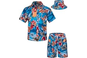 TUNEVUSE Little & Big Boys Hawaiian Button Down Shirts and Short Sets with Bucket Hat Summer Outfits Printed Kids Cabana Set