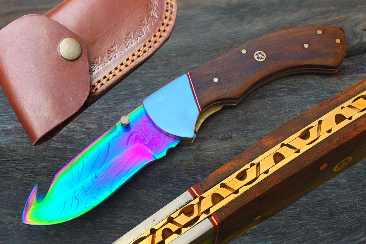 3.4" Rainbow Titanium Coated Damascus Blade Custom Folding