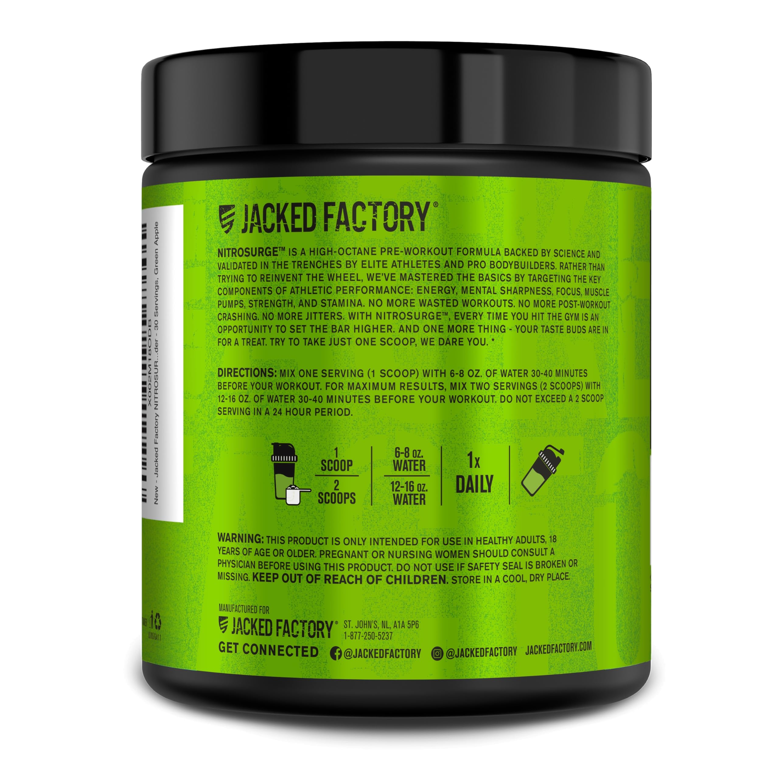 Jacked Factory NITROSURGE Pre Workout Supplement - Endless Energy, Instant Strength Gains, Clear Focus, Intense Pumps - NO Booster & Powerful Preworkout Energy Powder - 30 Servings, Green Apple