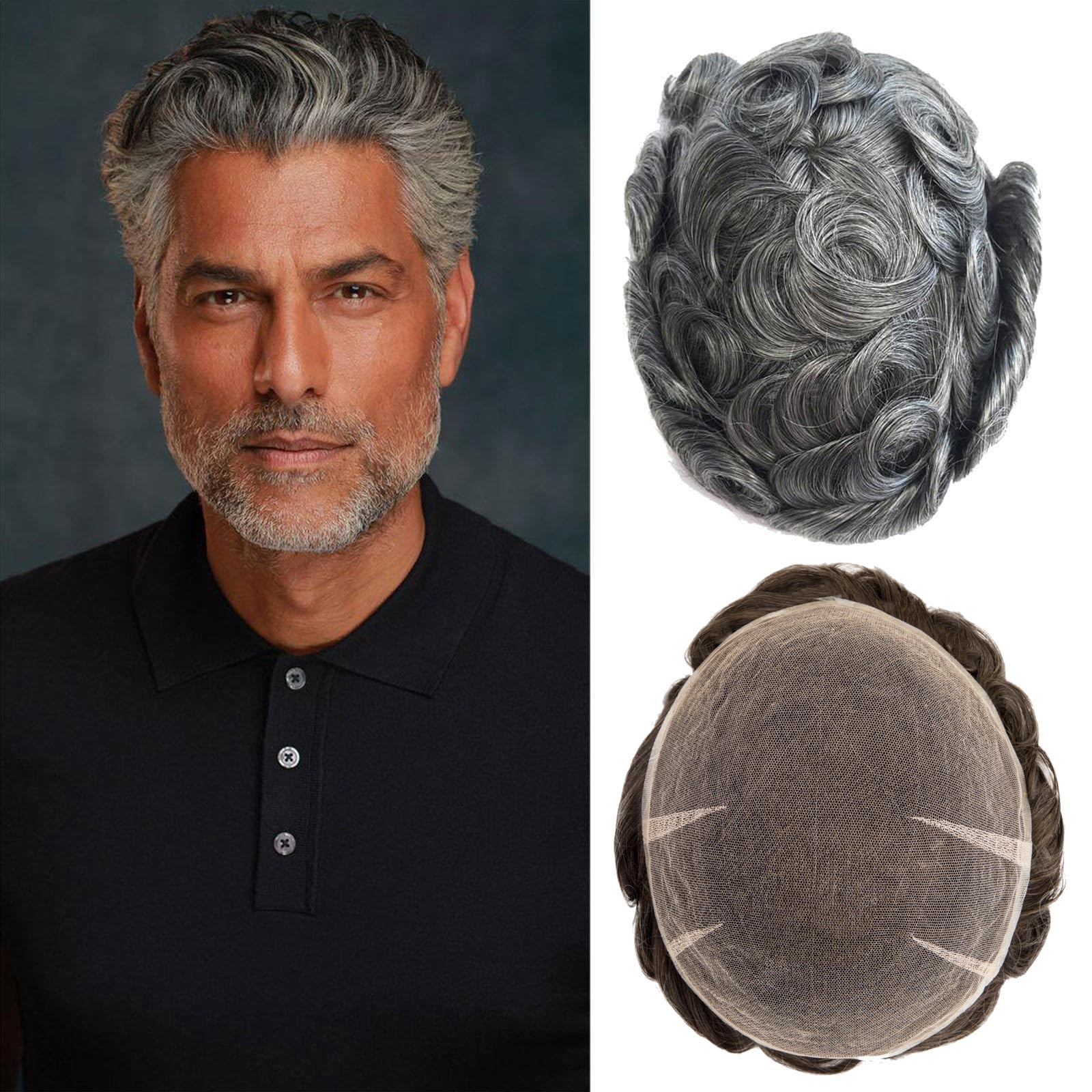 Ehairc Toupee For Men Full Swiss Lace Hair System For Men 100% Human Hair Breathable Men'S Toupee Hairline Bleach Knots Natural 90% Density Mens Lace Wig Base Size 8X10" (#1B65)