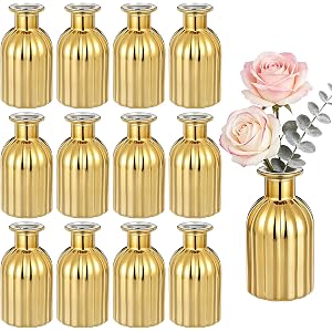 Gold Bud Vases Set of 12, Small Glass Vases for Centerpieces, Mini Vintage Flower Bottles in Bulk, Vertical Ribbed Gold Bottl