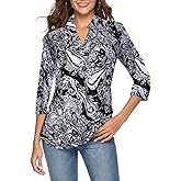 CEASIKERY Women's 3/4 Sleeve Floral V Neck Casual Tunic Blouse Loose Shirt Top