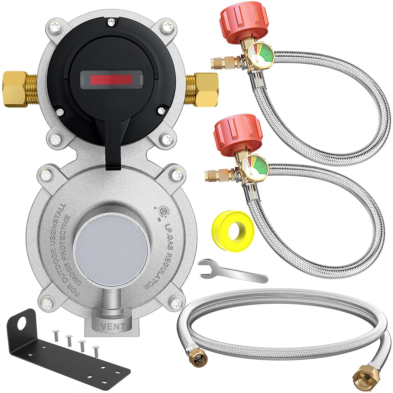 Photo 1 of 2 Stage Auto Changeover LP Propane Gas Regulator with 2 Pcs 18"RV Pigtail Propane Hose with Gauge and 4FT Stainless Braided Regulator Hose Assemblies Dual Propane Tank Regulator for RVs,Trailers,Campe