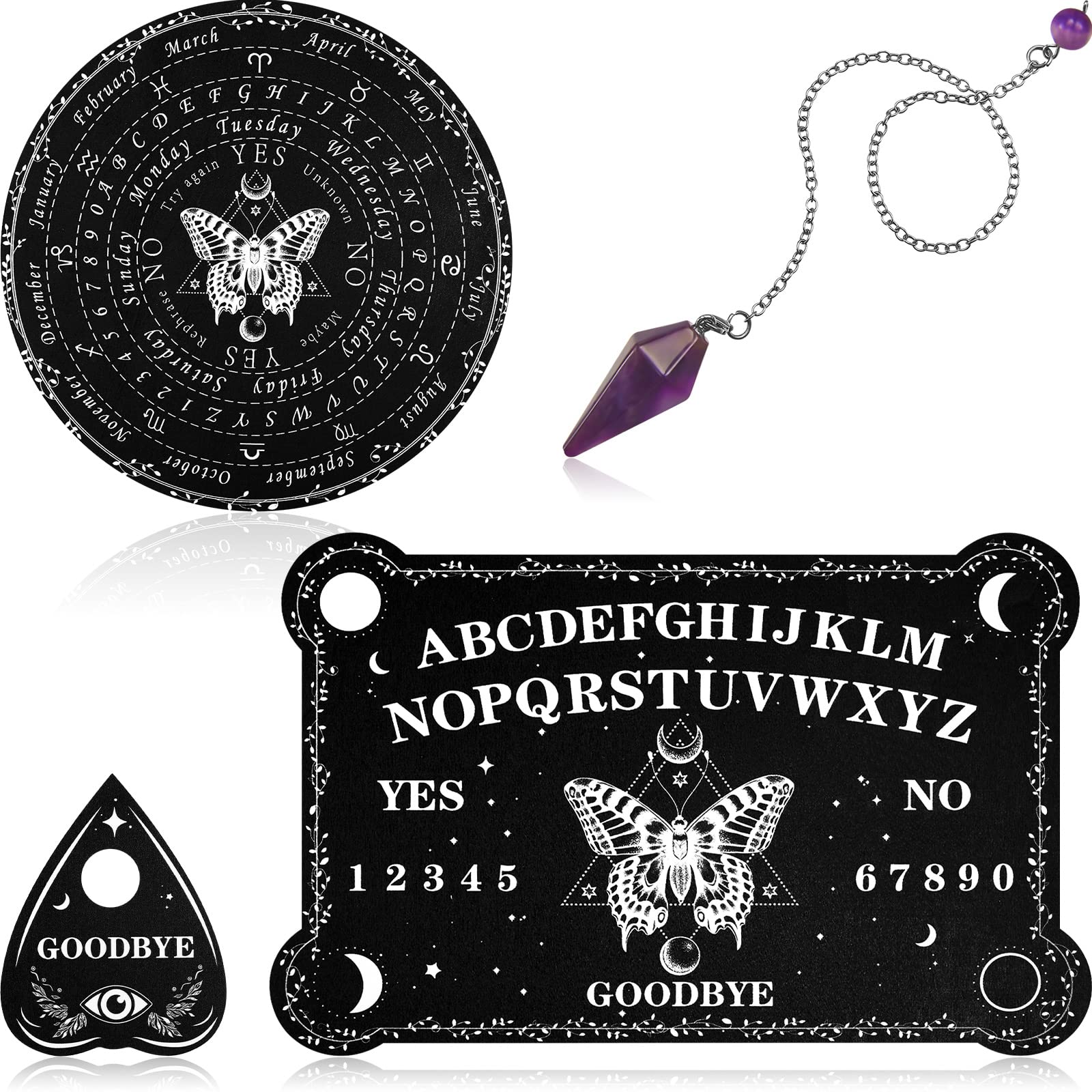 Threan Pendulum Dowsing Divination Board with Amethyst Set Wooden Spirit Talking Board Metaphysical Message Crystal Pendulum Necklace with Planchette for Wiccan Supply(Butterfly Style)