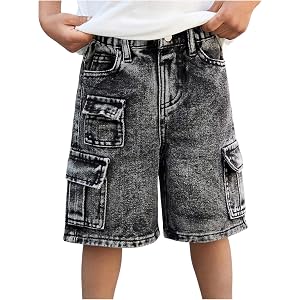 VIPWOLF Boy's Jean Shorts Cargo Baggy Y2k Elastic Waist Wide Leg Denim Shorts Bermuda Fashion Vintage Casual Jorts
