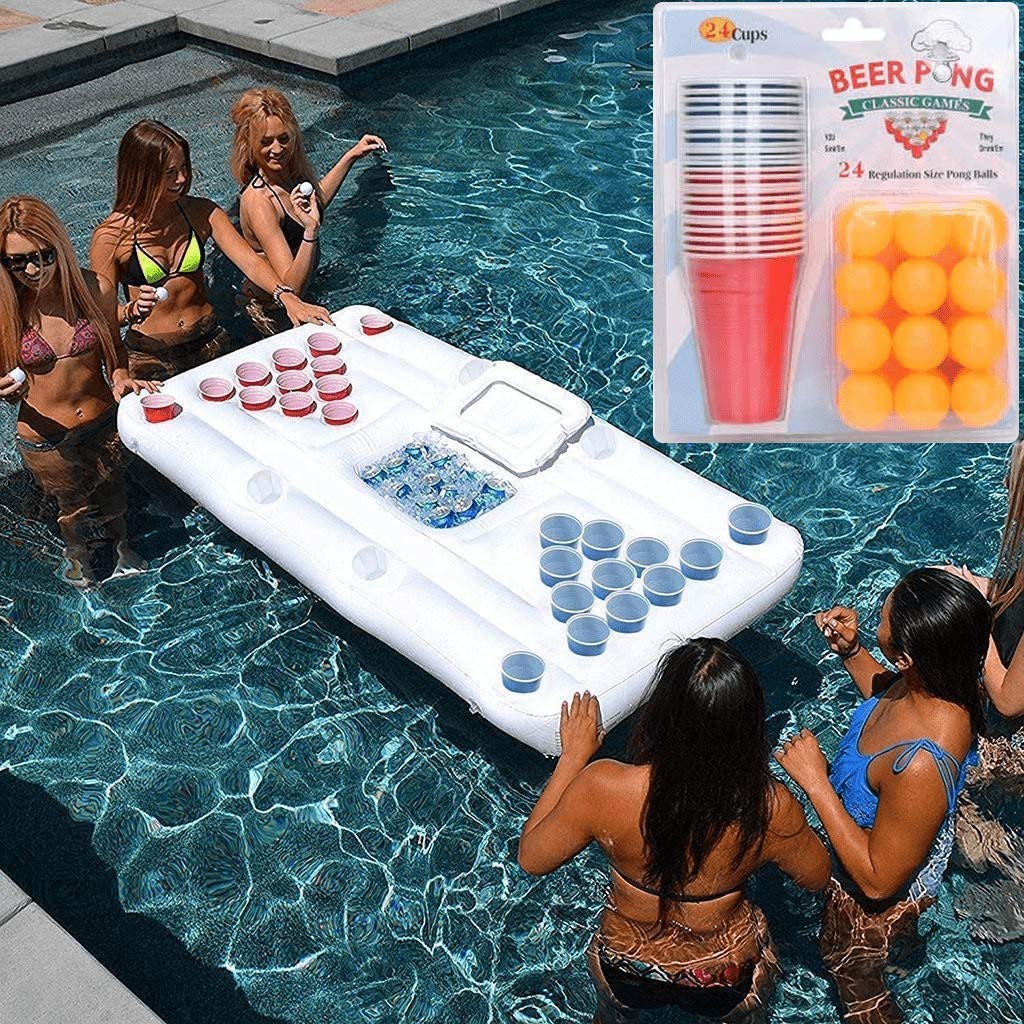 CGG Beer Pong Pool Foat Set, Inflatable Floating Beer Pong Table with Cooler & 24 Cups and 24 Ping Pong Balls Set