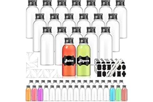 YZXODN 50 PCS 2 oz Plastic Shot Bottles for Liquids, Ginger Juice Bottle with Labels, Reusable Mini Travel Bottle with Black Cap, Funnels, Pens for DIY, Weddings, Party Favors