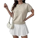 Cuffbow Women Knit Sweater Short Sleeve Ribbed Vest Loose Fit Crew Neck Knit Shirt Floral Pullover Casual Cap Sleeve Top