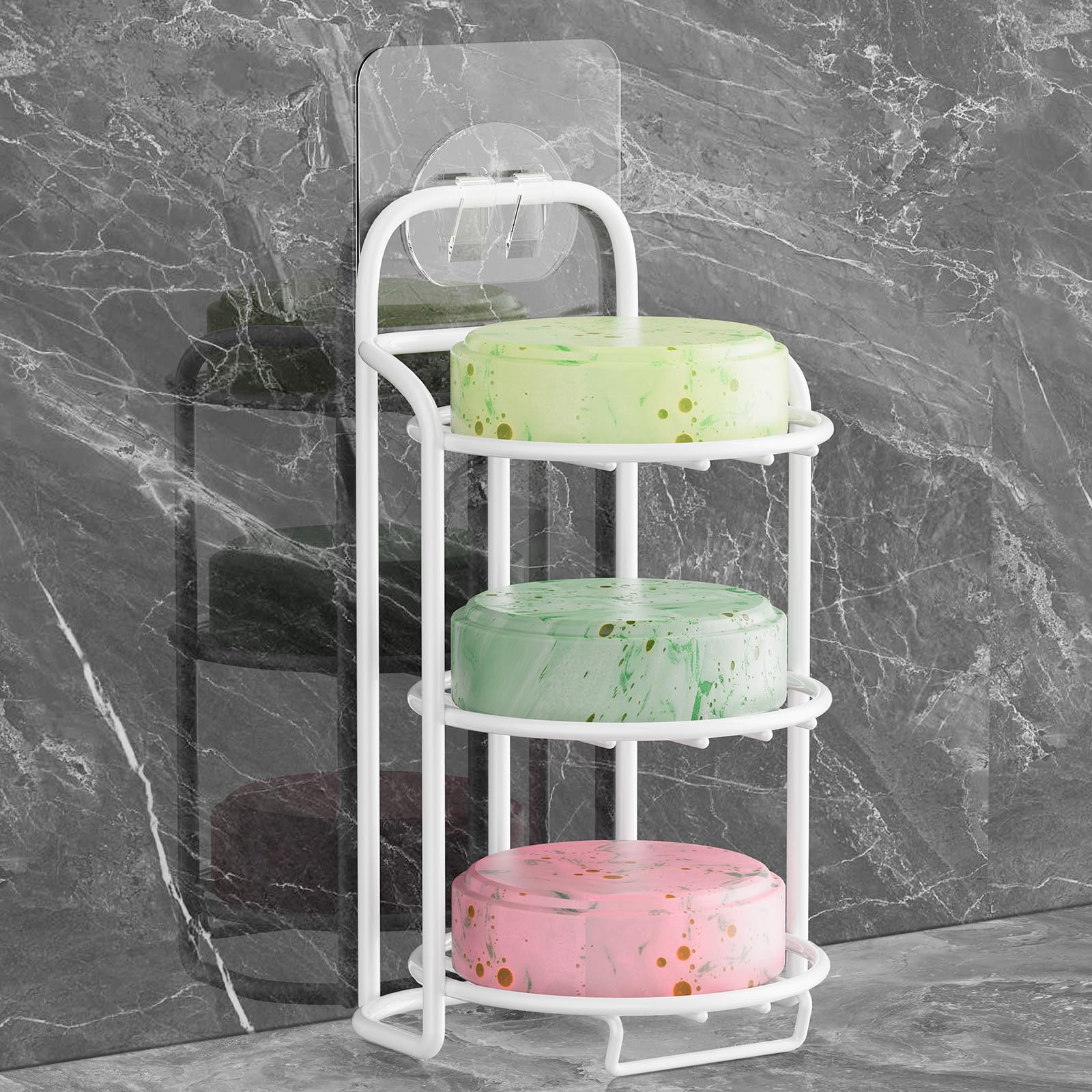 White 3-Tier Shower Soap Shampoo Bar Holder, Self Adhesive & Freestanding Draining Soap Dish Caddy for Bathroom Wall Accesories Decor