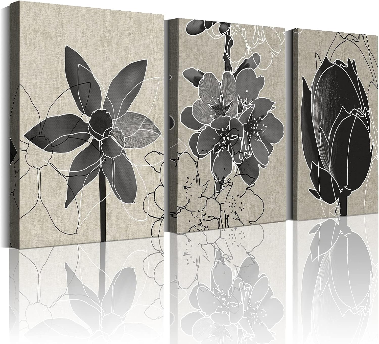 Flower Grey Wall Decor for Bedroom Decorations 12×16inch×3Panel with Frame Beige Flowers Canvas Wall Art Daffodil Peach and Lotus Bathroom Wall Pictures Grey Room Decor for Living Room Prints Artwork