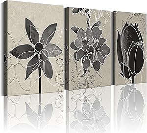 Flower Grey Wall Decor for Bedroom Decorations 12×16inch×3Panel with Frame Beige Flowers Canvas Wall Art Daffodil Peach and Lotus Bathroom Wall Pictures Grey Room Decor for Living Room Prints Artwork