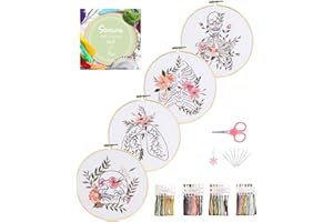 Santune 4 Pack Embroidery Kit for Beginners with Instructions,Cross Stitch Kits for Adults with Artistic Pattern,Needlepoint Kits Include 2 Hoops,Color Threads and Needles