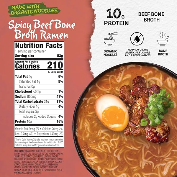 MIKE’S MIGHTY GOOD SPICY BEEF BONE BROTH RAMEN CUP (PACK OF 6) – 10G PROTEIN INSTANT RAMEN NOODLES – ORGANIC STEAMED, NON-GMO, PALM OIL-FREE – RICH TASTING, NO ARTIFICIAL FLAVORS