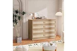 8 Drawer Chest Dresser,47 Inch Rattan Dresser,8-Drawer Wood & Rattan Storage Chest with Fabric Bins,Wide TV Stand Dresser wit