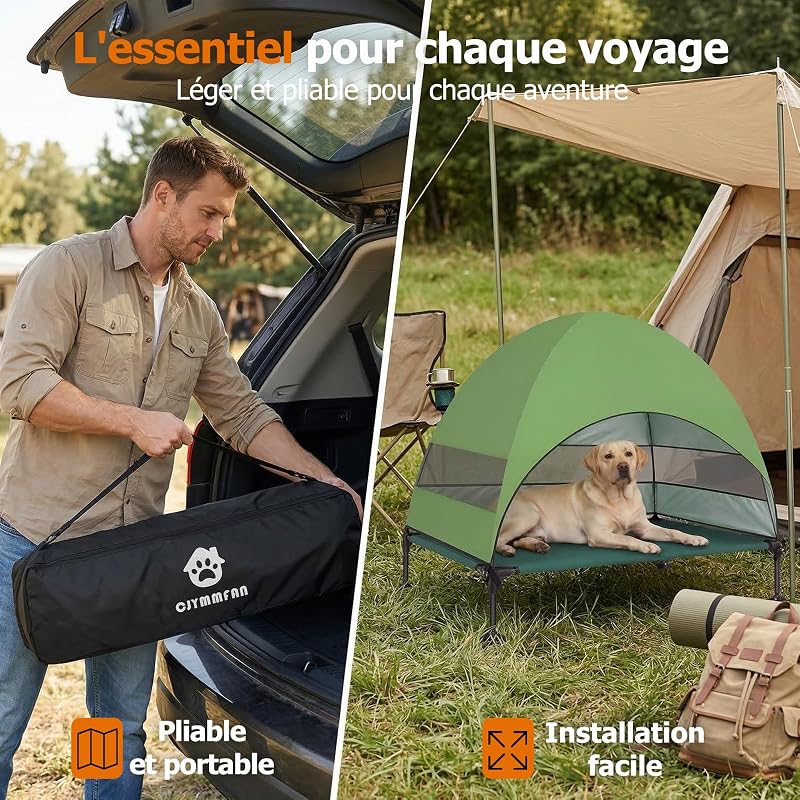 Panier pour Chien Surélevé avec Toit, Pliable avec Pieds Antidérapants, Tente d'extérieur avec Grande Ombre, Lit Rafraîchissant pour Chien, pour Camping, Jardin, Plage et Piscine (Vert, L)