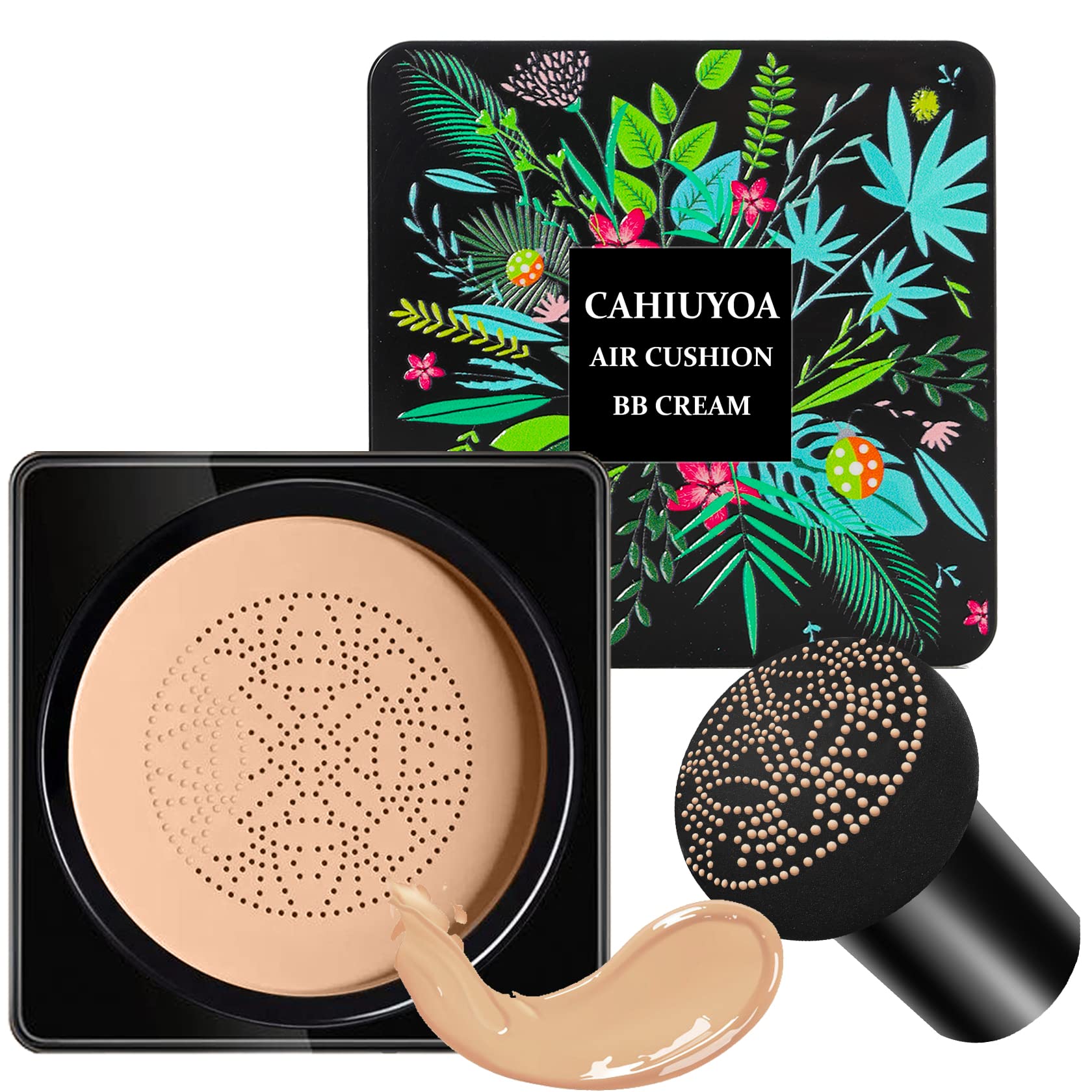 1PCS Mushroom Head Air Cushion CC Cream,CAHIUYOA BB Cream Foundation Full Coverage Concealer Long Lasting Liquid Matte Makeup Foundation with Mushroom Makeup Sponge-Natural