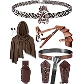 CoTeeZa Men Renaissance Costume Set - 6 Pcs Medieval Viking Cosplay Armor Brown Leather Belt Wristband Shoulder Armor Classic Celtic Moon Bronze Dragon Crown Halloween Costumes for Men