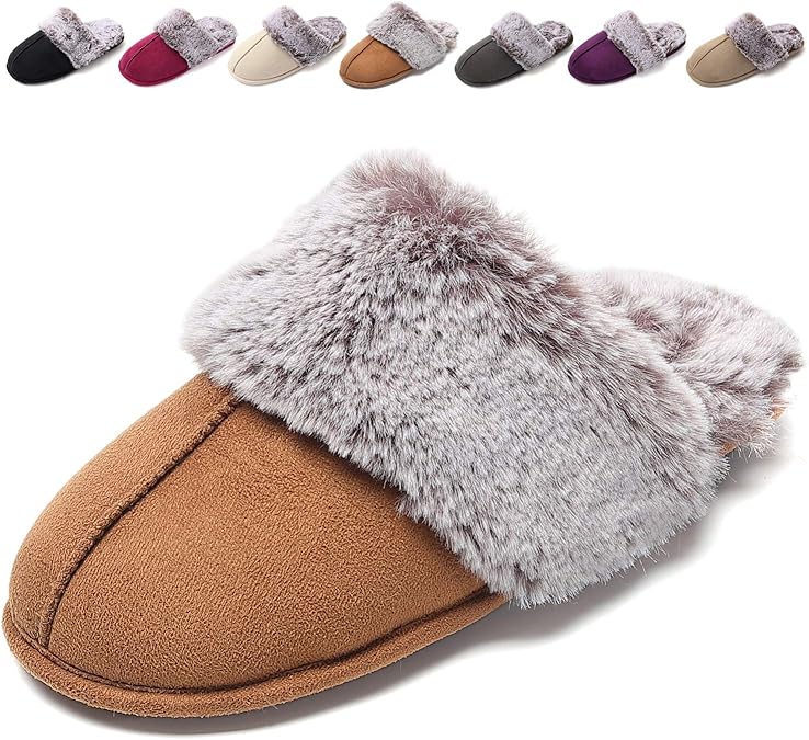 Women's Slippers, Suede Slippers Faux Fur Lined Warm & Plush Mules