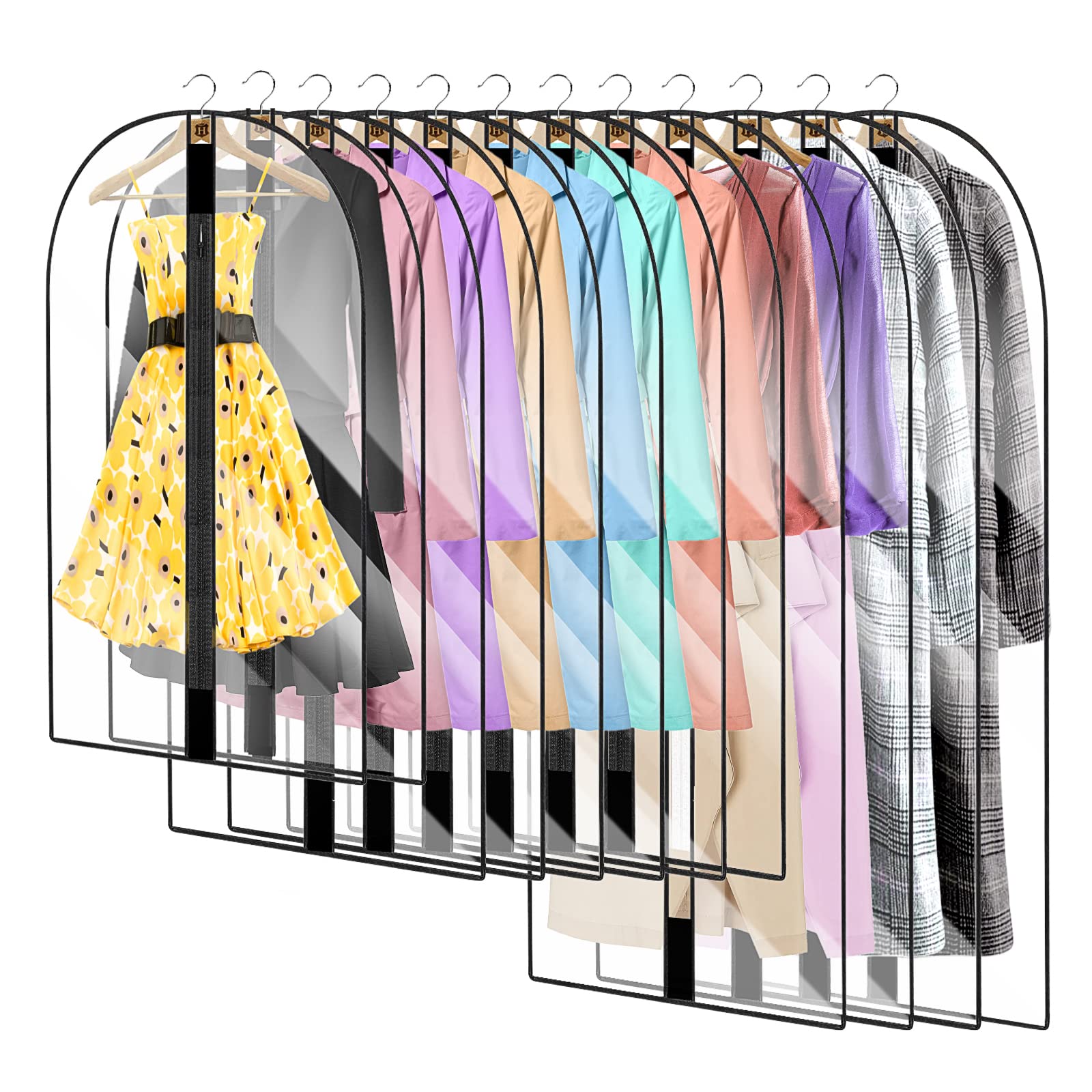 12 Pack See Through Breathable Clothes Covers with Zip, Waterproof Dustproof Garment Covers Bags Moth Proof Dress Bag Covers Damp-proof Mens Suit Storage Bag for Wardrobe Storage and Travel