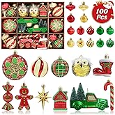 Dolicer 100 Pcs Christmas Ornaments Various Elements Christmas Tree Ornaments Set Red Gold Green Christmas Ball Ornament Shatterproof Hanging Decorations for Xmas Tree Holiday Party, Pre-Tied Strings