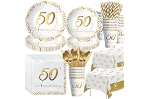 APOWBLS 50th Anniversary Decorations And Supplies Tableware - Golden 50 Year Wedding Anniversary Decorations, Party Plate, Cup, Napkin, Tablecloth, Cutlery, Paper Straw | Serve 24