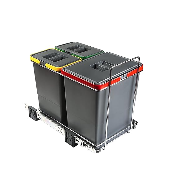 ELLETIPI Ecofil PF01 34B1 Mülleimer Mülltrennung, ausziehbar für Base, Kunststoff und Metall, Grau, 30 x 45 x 36 cm