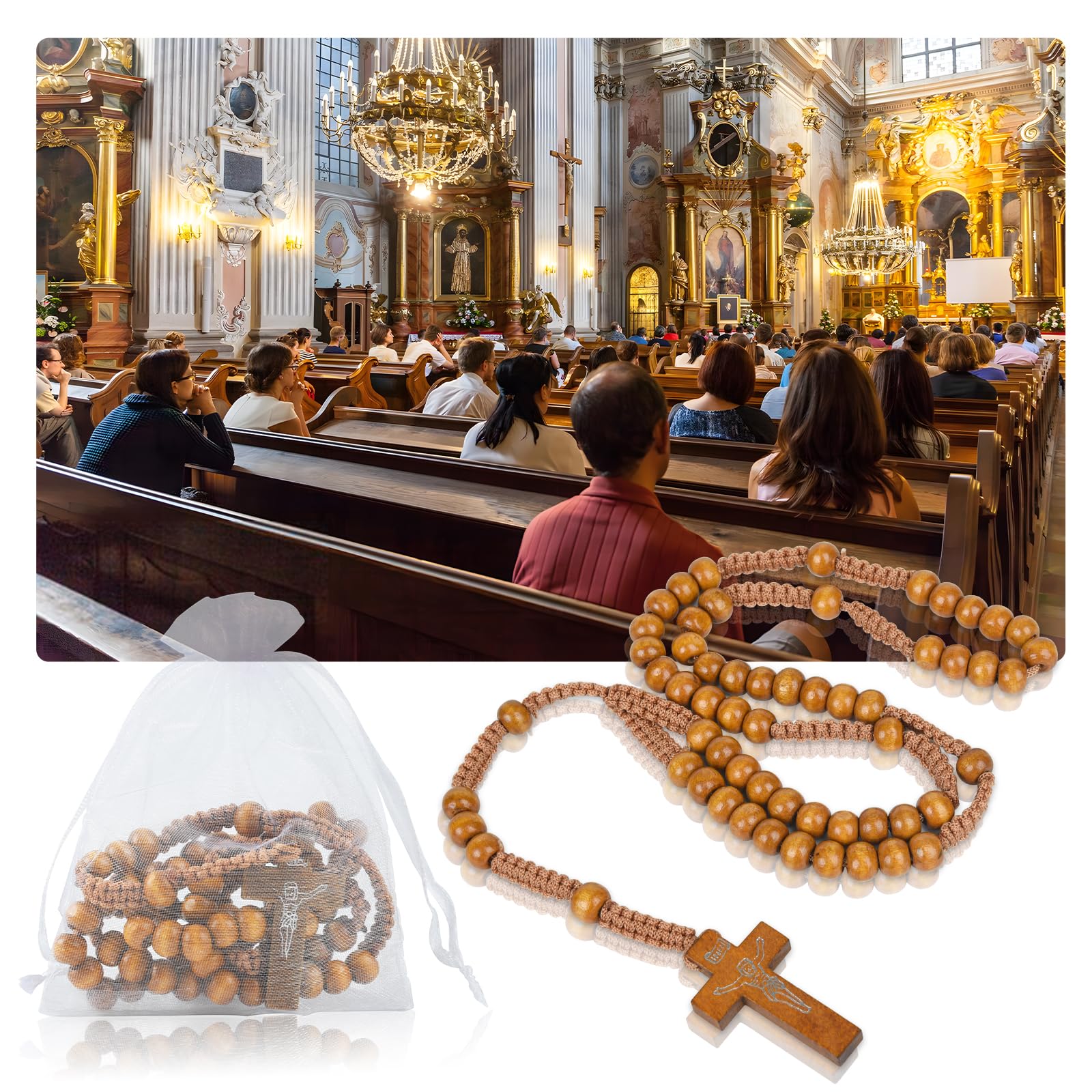 Wonitain 60 Set Wooden Rosary Beads Bulk Wood Catholic Rosaries with Jesus Holy Cross First Communion Wood Carved Rosary with Organza Bags Religious Rosary Catholic Baptism Church Present for Men Women