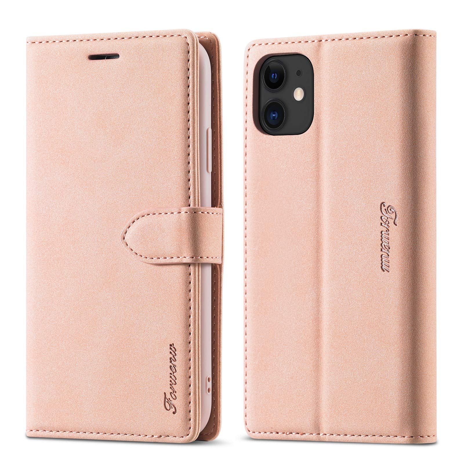 LOLFZ Case for iPhone 11, Vintage Leather Wallet Case Card Holder Kickstand Magnetic Closure Flip Case Cover Compatible with iPhone 11 (6.1 Inch) - Rose Gold