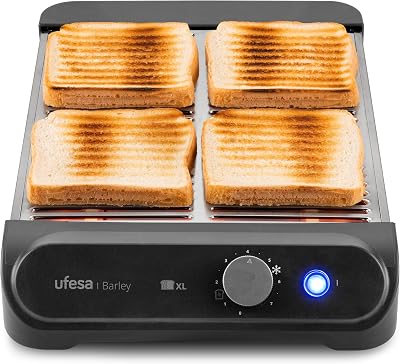 Torradeira plana de cevada, 900W com 3 resistências de quartzo, torradeira horizontal em aço inoxidável, tamanho XL para 4 fatias, 7 níveis, reaquecimento e descongelamento, tabuleiro para migalhas, pastelaria