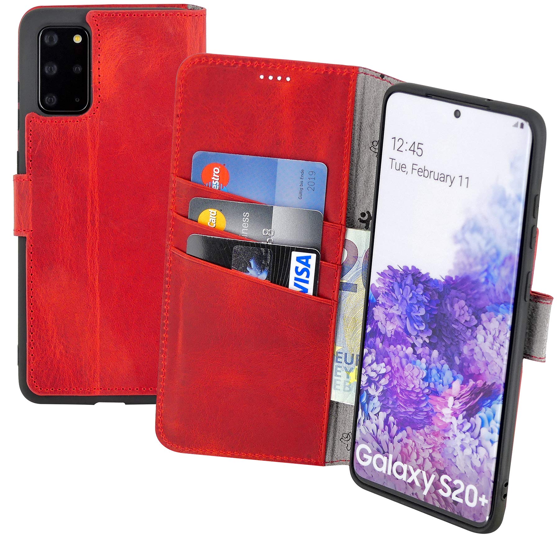 Suncase Book-Style Case Compatible with Samsung Galaxy S20 Plus Leather Case (Slim Fit) Leather Mobile Phone Case Protective Case with 3 Card Slots in Antique Red