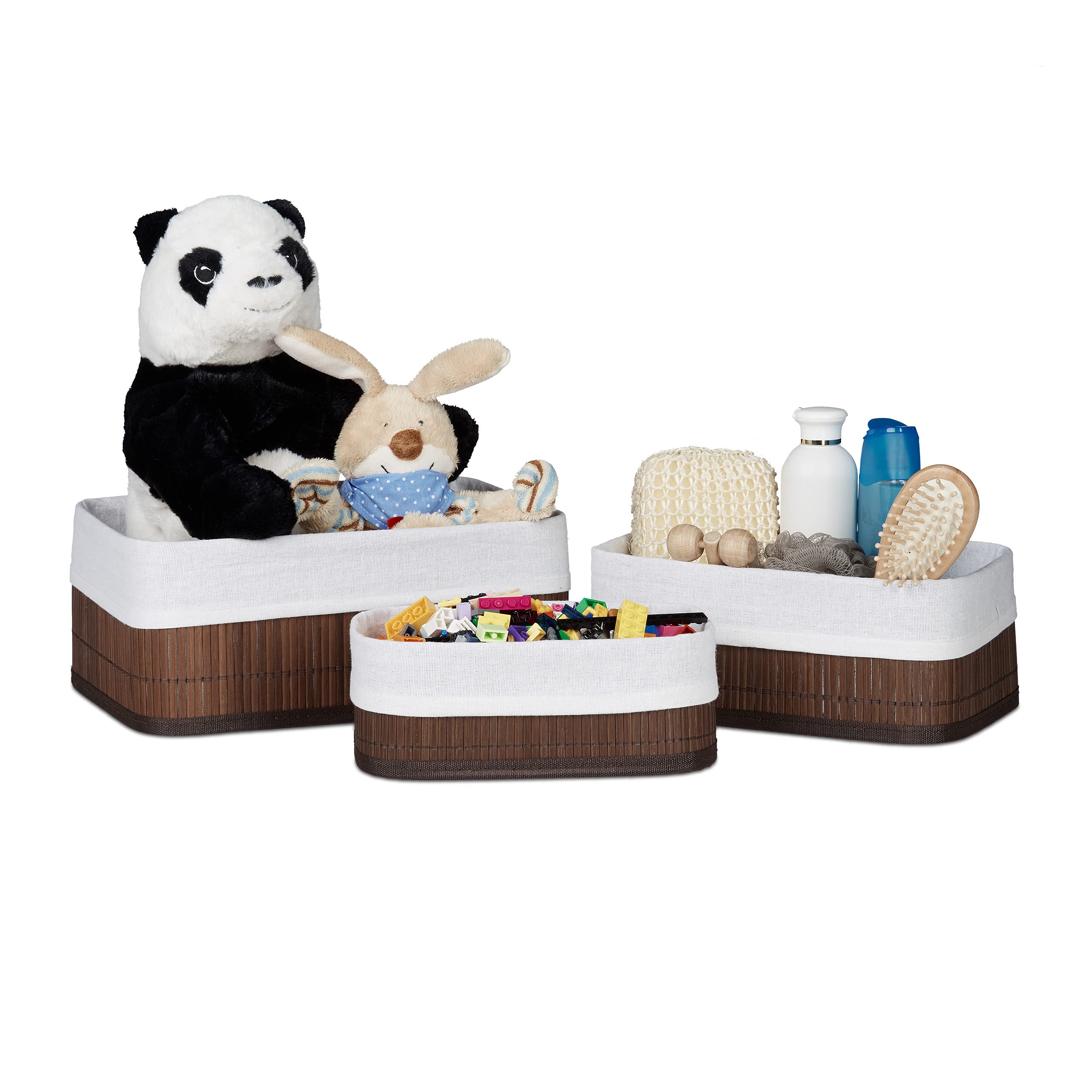 Relaxdays Bamboo Bathroom Baskets, HxWxD13 x 30 x 20 cm, Set of 3 Shelf Bins with Cloth Insert, Brown