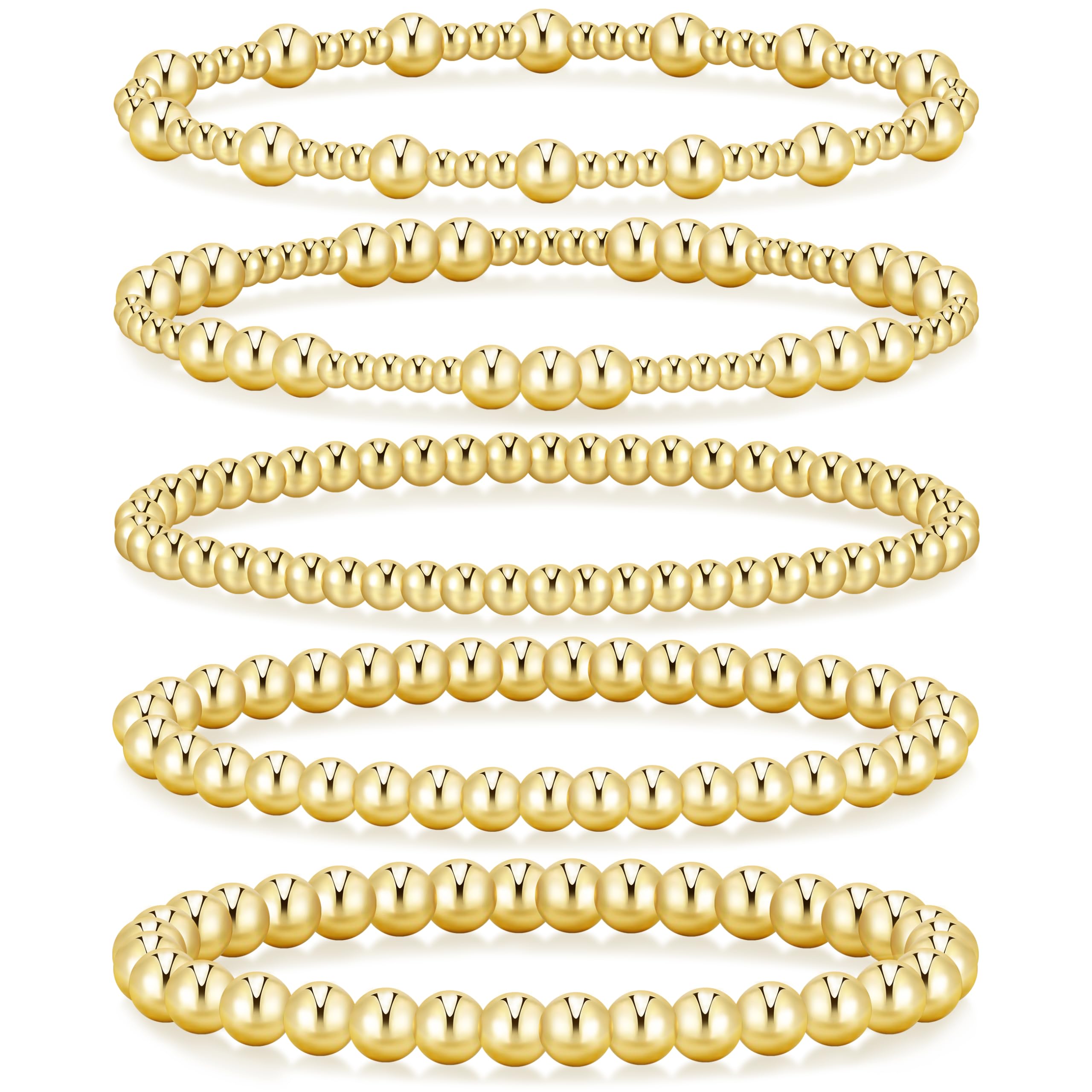 Photo 1 of Dodder Gold Beaded Bracelets Set for Women, 14K Gold Plated Elastic Stretch Bead Bracelet Stack 5 Pcs