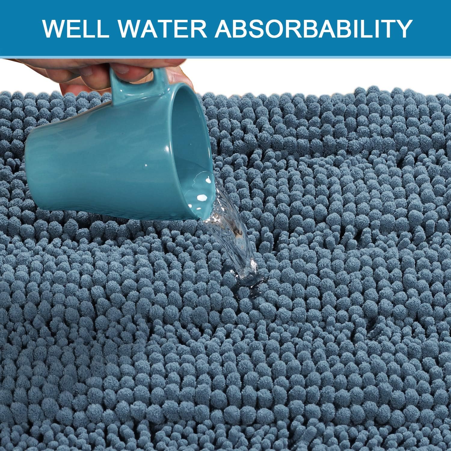 Bathroom Rugs Luxury Chenille 2 Piece Mats Soft Plush Striped 32''x20'' Bath Rug + 20''x20'' Toilet Mat Microfiber Shaggy Carpet, Super Absorbent Mats, Machine Washable(Curved Set, Stone Blue): Home & Kitchen
