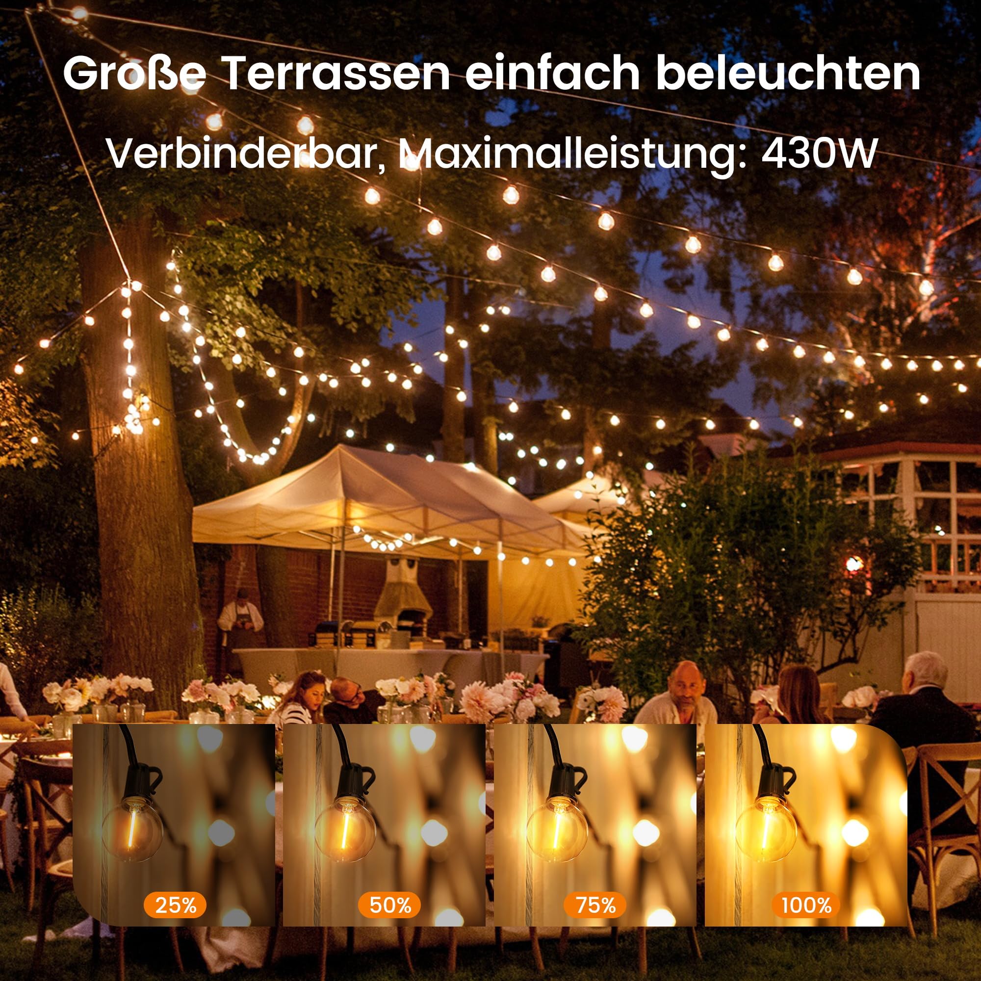 LED Lichterkette Außen 8m/27FT Lichterketten mit Stecker Outdoor Fairy Lights -13 G40 Birnen(1 Ersatzbirne), 2200K Warmweiß, IP65 Wasserdicht & Verlängerbar für Terrasse, Garten & Partys 4