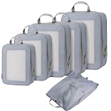 HDKJDPG Ultralight Compression Packing Cubes for Suitcases Carry on,Compressible Mesh Packing Cubes for Travel Women Travel Essentials with Shoe Bag 6 Set (Grey)