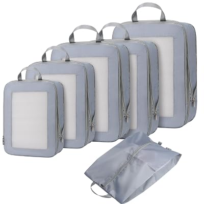 HDKJDPG Ultralight Compression Packing Cubes for Suitcases Carry on,Compressible Mesh Packing Cubes for Travel Women Travel Essentials with Shoe Bag 6 Set (Grey)