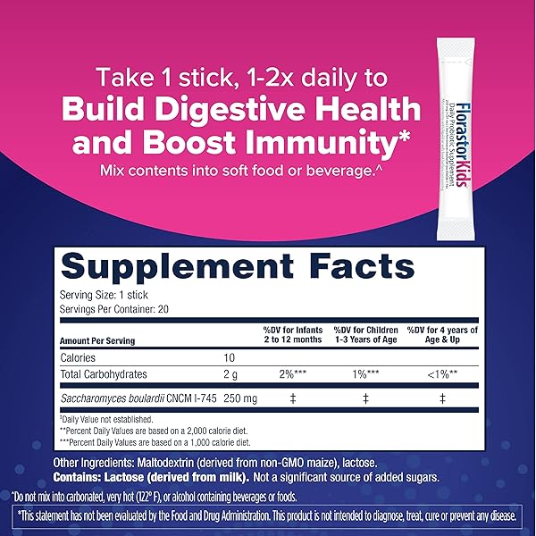 FLORASTOR KIDS DUAL ACTION PROBIOTIC SUPPLEMENT, STRENGTHENS KIDS’ DIGESTIVE & IMMUNE HEALTH, 20 EASY-TO MIX POWDER STICKS, PACKAGING MAY VARY