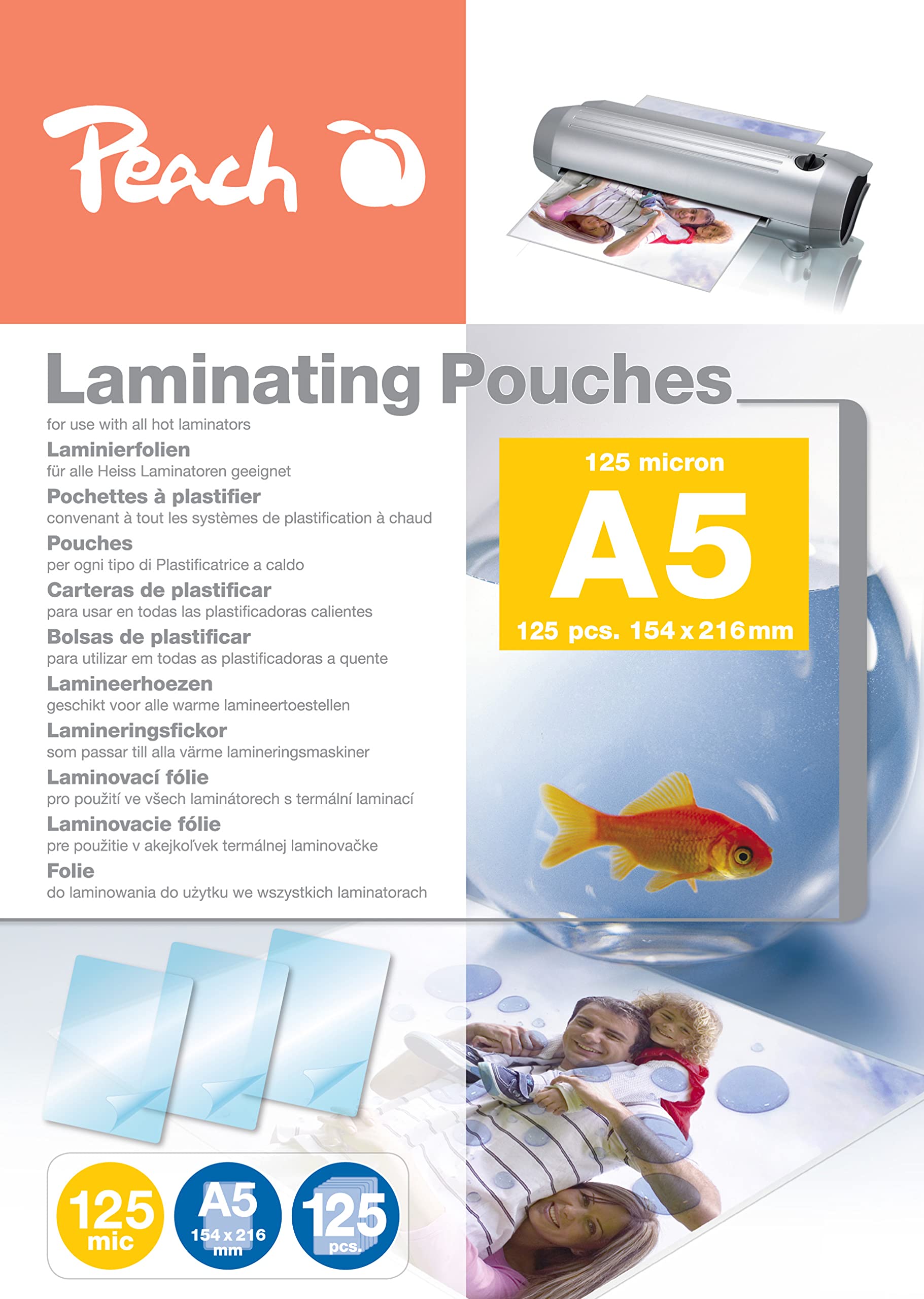 Peach Laminating Pouches A5-125 mic - 125 Pouches - Glossy - Premium Quality for Best Laminating Results - Compatible with Devices of All Brand Manufacturers - PP525-03P