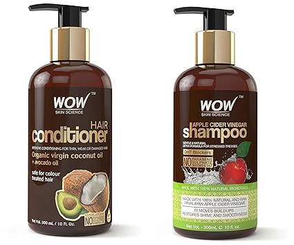 WOW Coconut & Avocado Oil No Parabens & Sulphate Hair Conditioner, 300mL and WOW Apple Cider Vinegar No Parabens & Sulphate Shampoo, 300mL