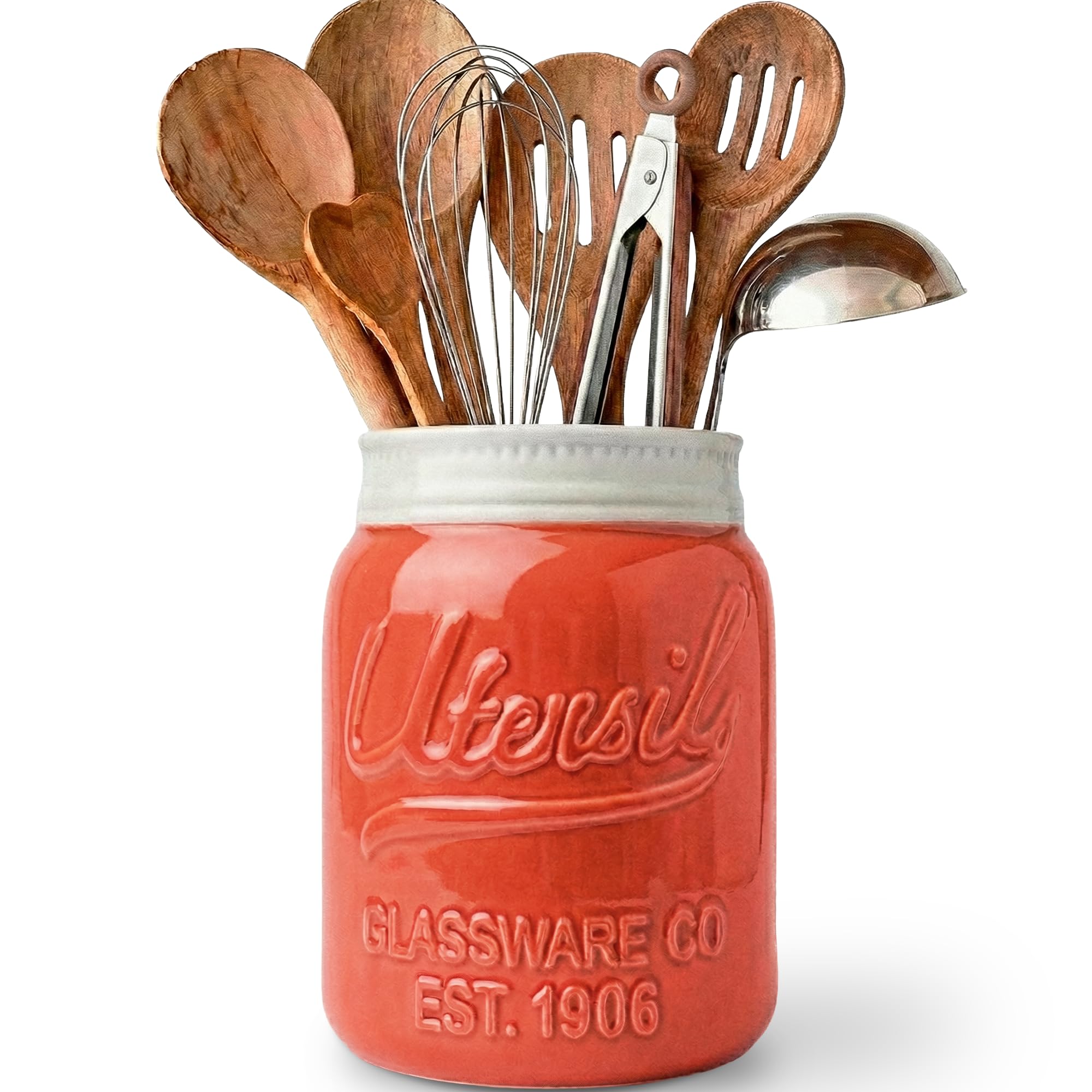 Comfify Large Opening Mason Jar Utensil Holder Jug Decorative Kitchen Equipment Organizer, Dishwasher Safe - Coral, Large Size Tall 7"