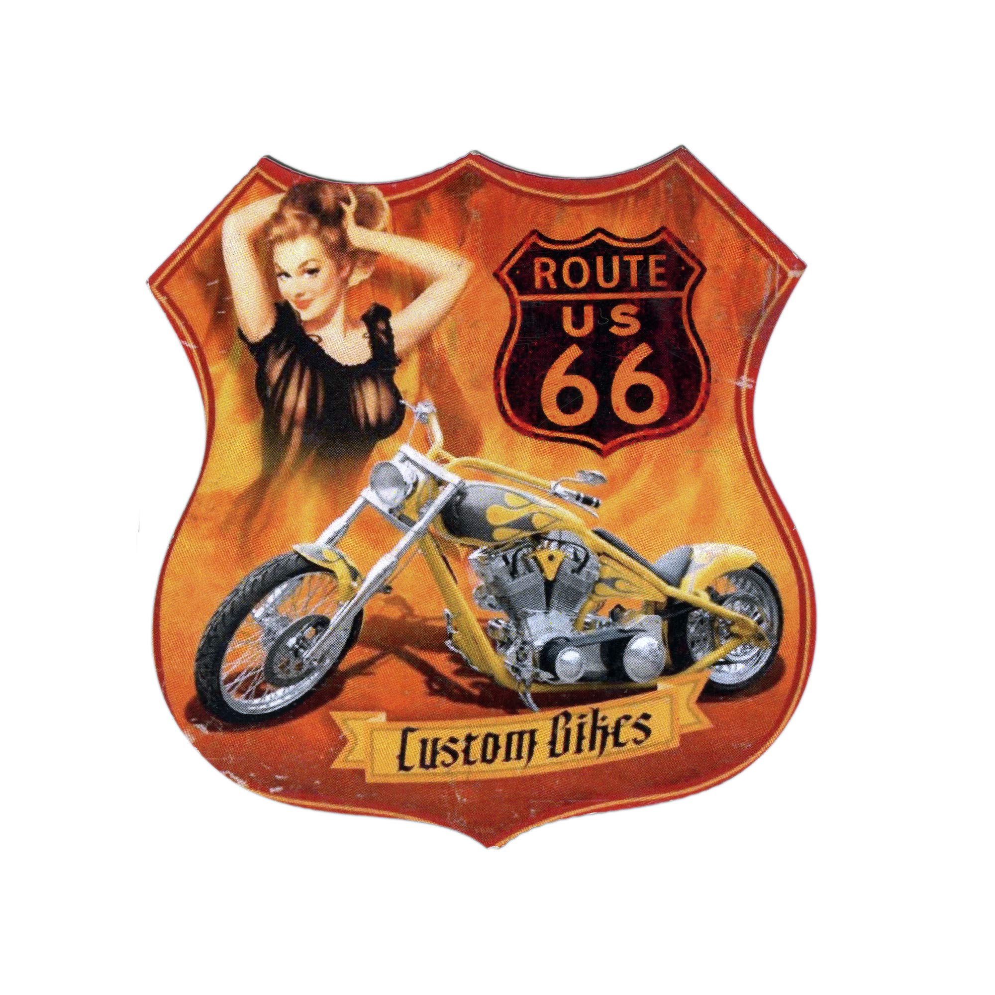 Fridge Magnet Shaped Vintage Style Souvenir Collectible Print On Laser Cut MDF - Gift Idea (Route 66 with Yellow Motorcycle)