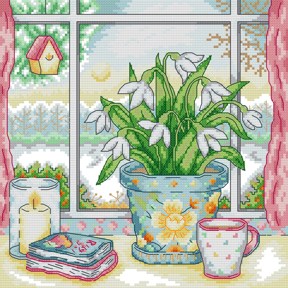 Awesocrafts Cross Stitch Stamped Kits Vase on Windowsill Easy Patterns Cross Stitching Embroidery Needlework Kit Supplies (Vase 3)