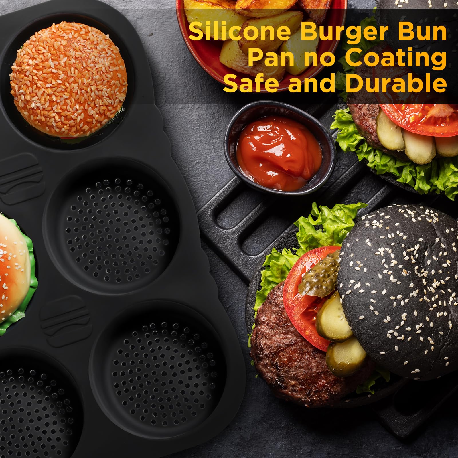 FillTouch Set of 5 Silicone Hamburger Bun Mold 4 6 9 Cup Hamburger Bun Pan with Spatula Brush Nonstick Pans for Baking Homemade Bread Loaf Sandwich Baking Tray, Fridge Dishwasher Microwave Safe