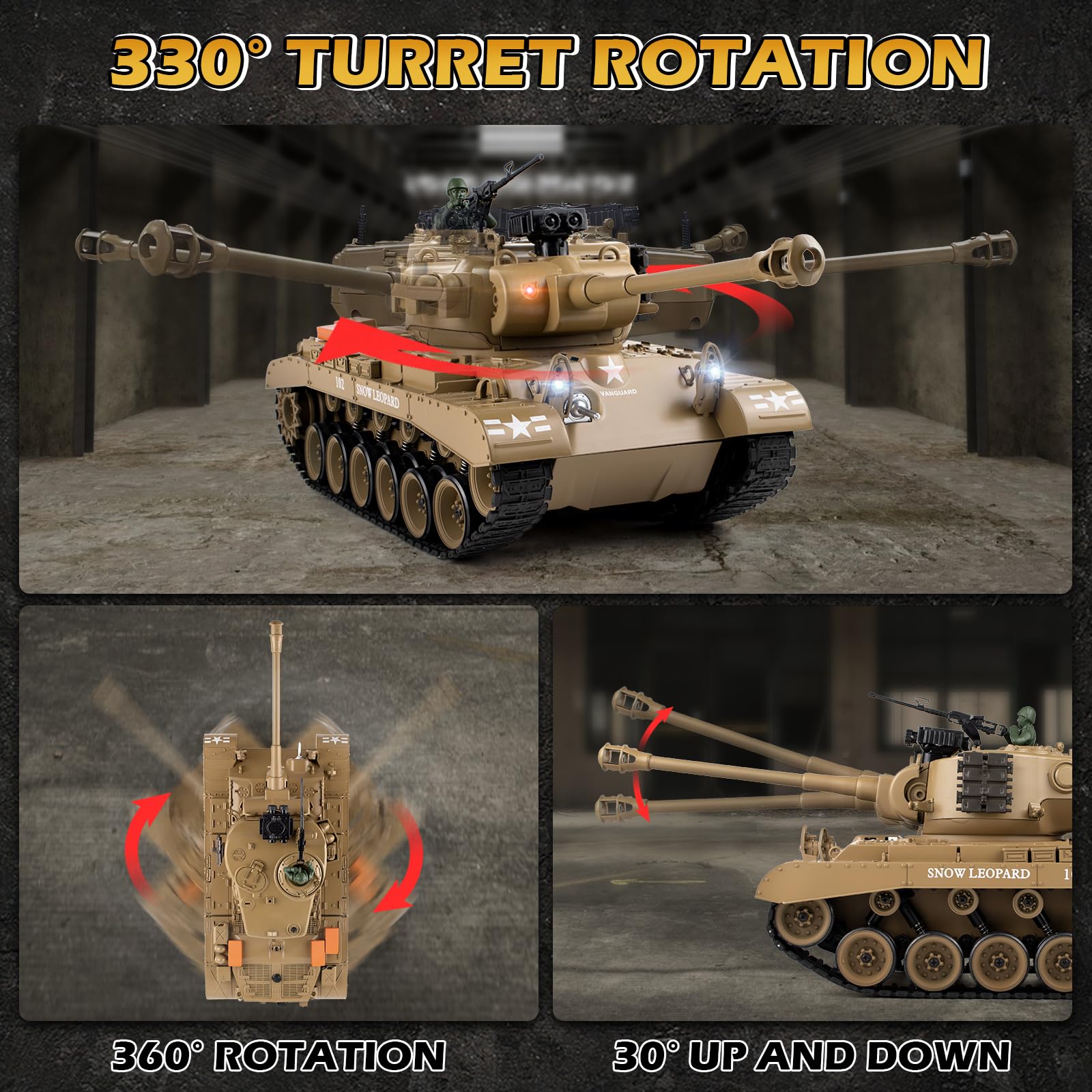 1:18 RC Tank, 2.4Ghz US M26 Pershing Remote Control Model Toys, RC Vehicle Army Tank That Shoots BBS and Water Bombs, Military Toy for Adults and Kids with Smoke, Lights, Sound and Recoil