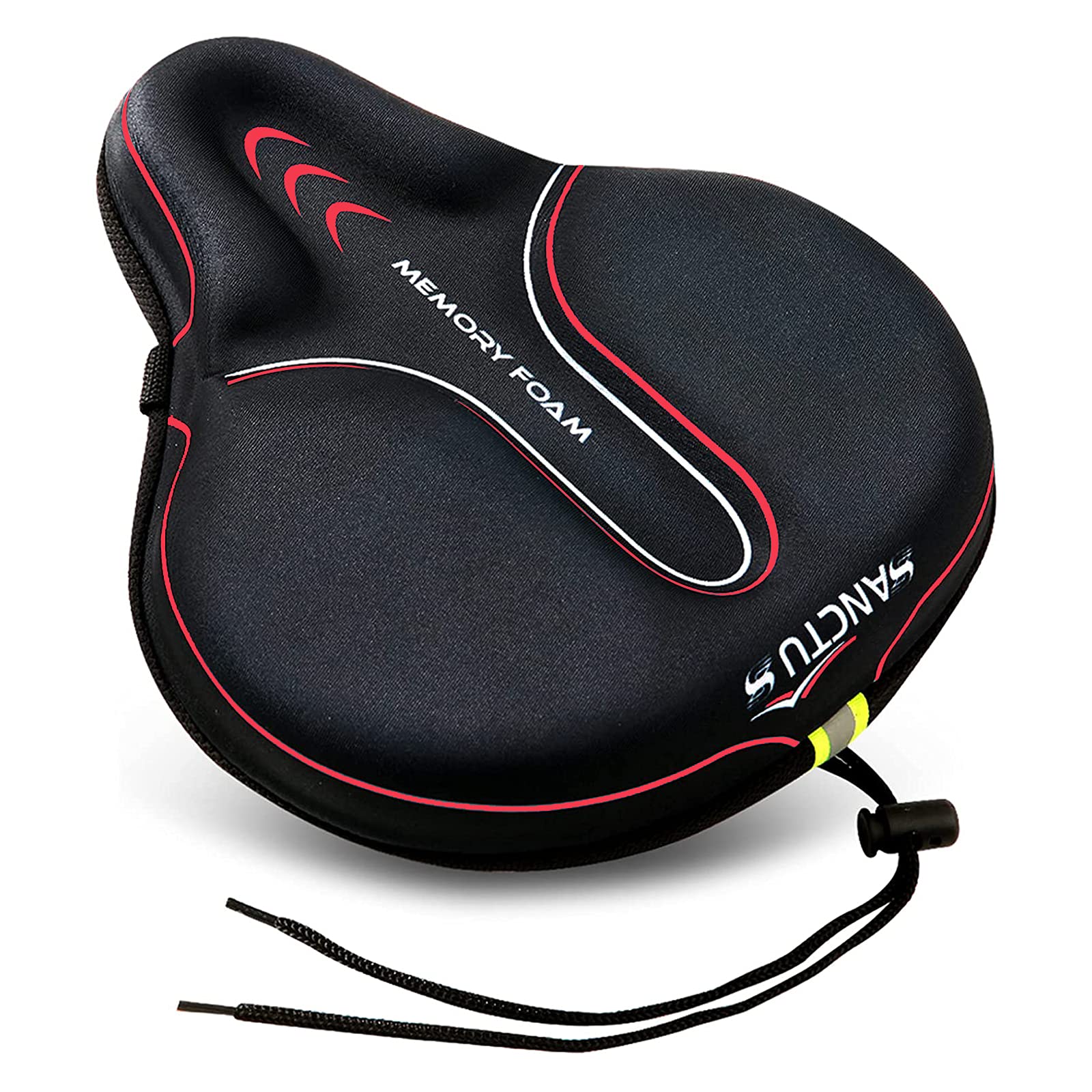 Sanctus Bike Seat Cushion Cover Memory Foam, Large Wide Bicycle Saddle Soft for Men Women, Comfort Exercise Cycle Seats Cover Padded Fits Stationary Bikes, Cruiser, Spin, with Waterproof Cover Red