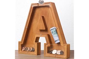 HODNSZRIT Wooden Letter Piggy Bank for Kids Boys Girls Large 26 Alphabet Money Bank Personalized Custom Name Transparent Saving Coin Bank, Perfect Christmas,Birthday Gift for kids Adults and Home Decoration (A)