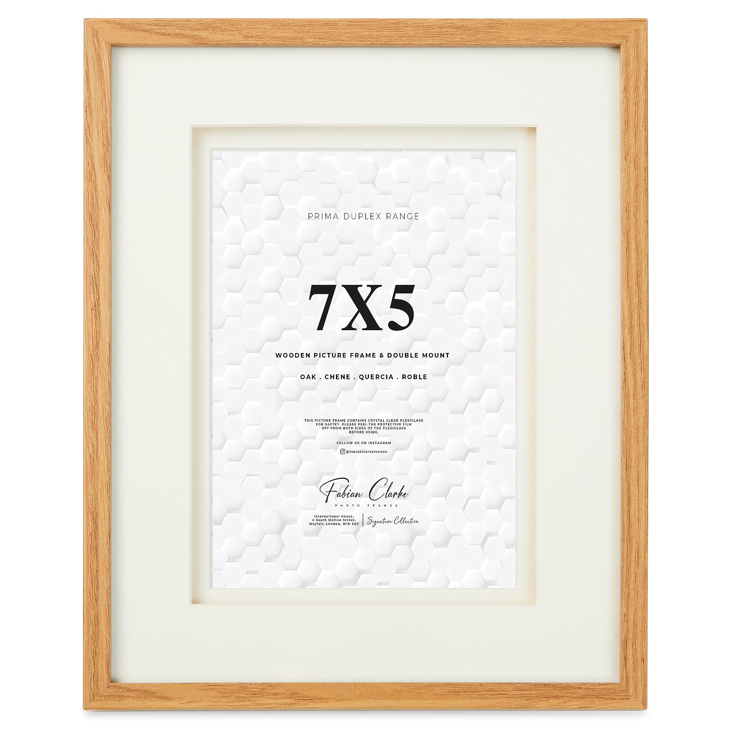 Fabian Clarke London® Oak Colour Wooden Picture Photo Frame with Off White Double Mount to Hang Portrait or Landscape (7x5)